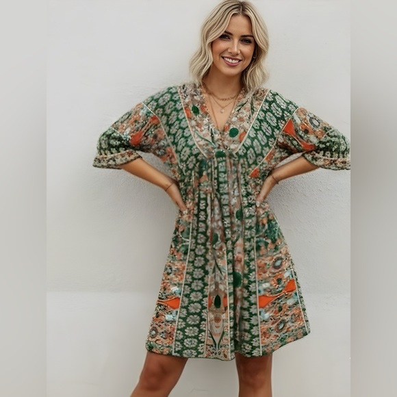 Boho Print Tie Back Dress - Picture 3 of 7